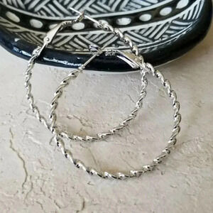 Modern Twisted Rope Silver Tone Round Hoop Earrings 40mm 1.6" Long Leverback